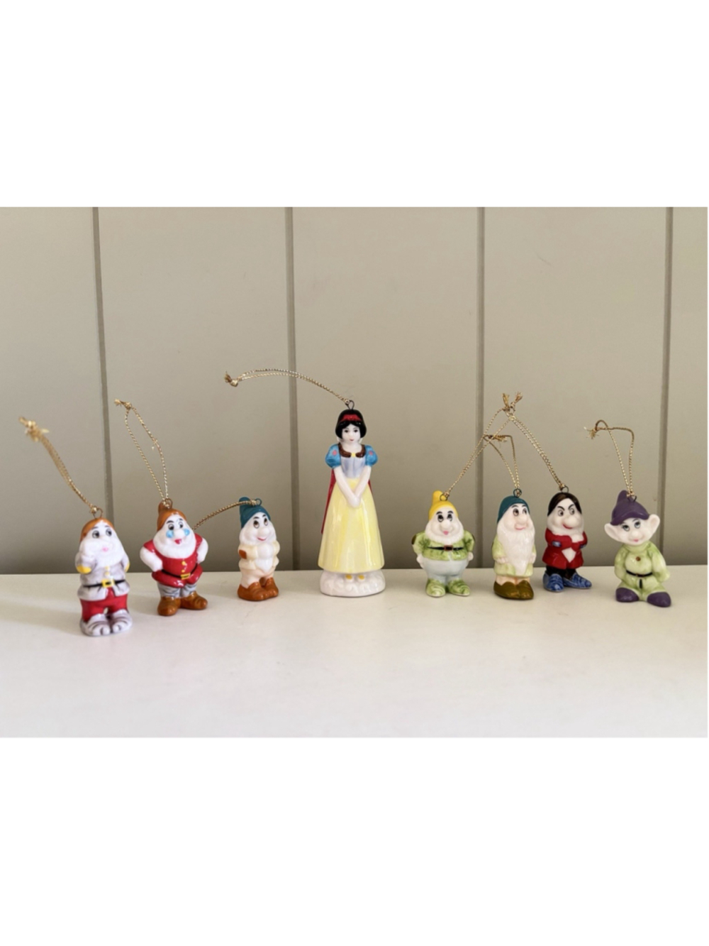 Vtg Disney Snow White & The Seven Dwarfs, Christmas Ornament Set Taiwan Painted